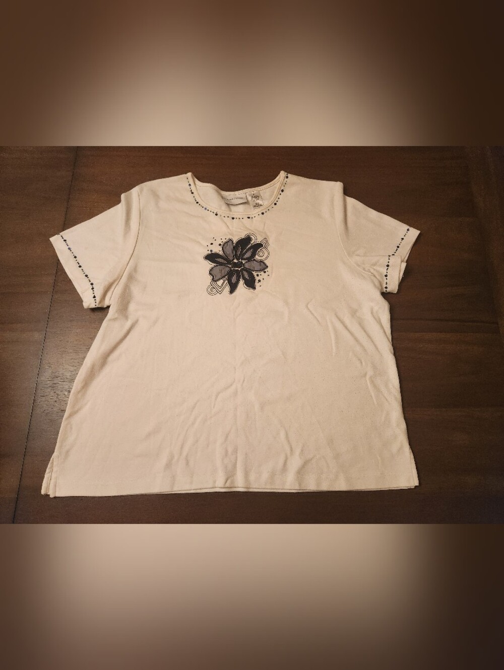 Alfred Dunner Cream Short-Sleeve Tee with Black Floral Accent